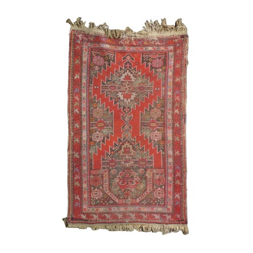 158 - Two prayer rugs, one with red ground, and diamond medallions and spandrels with serrated edge, 145 b... 