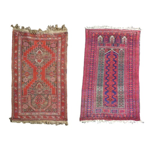 158 - Two prayer rugs, one with red ground, and diamond medallions and spandrels with serrated edge, 145 b... 