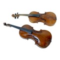 Two early 20th century violins, comprising one bearing label 'Antonius & Hieronym Fr. A.. Cremonen. ... 