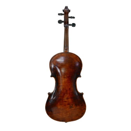 66 - A 19th century continental violin, with dark stain and a very faint label 'Carlo...', single piece m... 