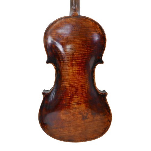 66 - A 19th century continental violin, with dark stain and a very faint label 'Carlo...', single piece m... 