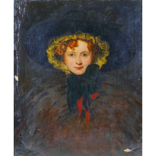 141 - British School (mid 19th century): a half length portrait of a woman, wearing a dark wide brimmed ha... 