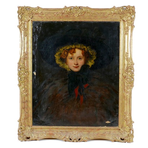 141 - British School (mid 19th century): a half length portrait of a woman, wearing a dark wide brimmed ha... 