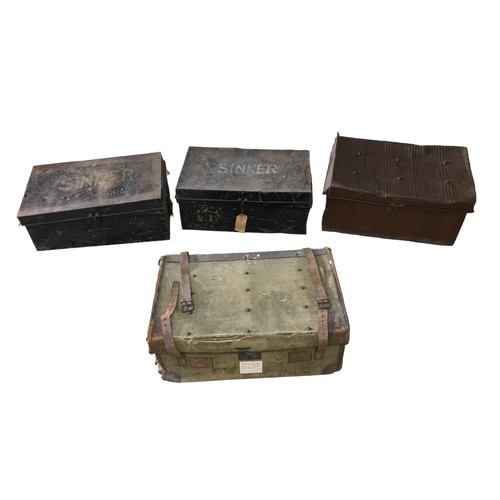 94 - A group of vintage luggage, including three tin trunks. (4)