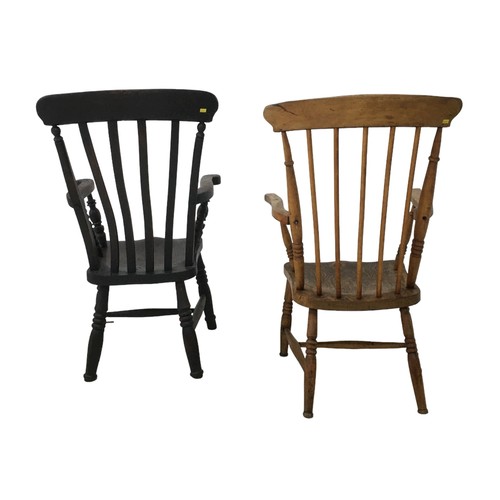 182 - Two Windsor open armchairs, one with a slat back and the other with a stick back, both with shortene... 