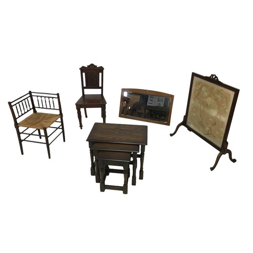 154 - A group of furniture, comprising a Victorian corner chair with rush seat, an oak framed wall mirror,... 