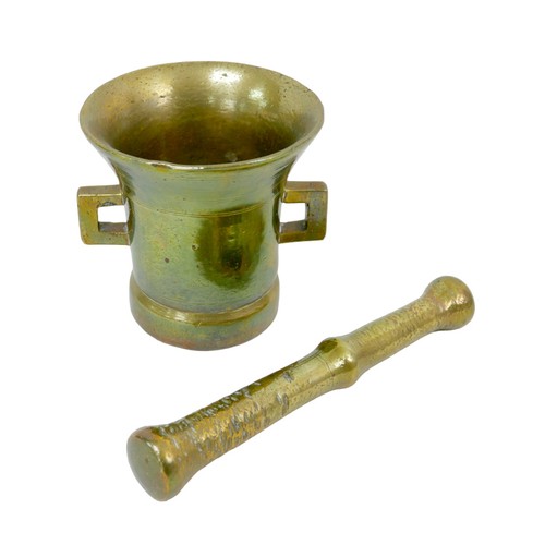 97 - A 19th century heavy and brass pestle, 29.5cm long, together with a mortar, purported to be Russian,... 