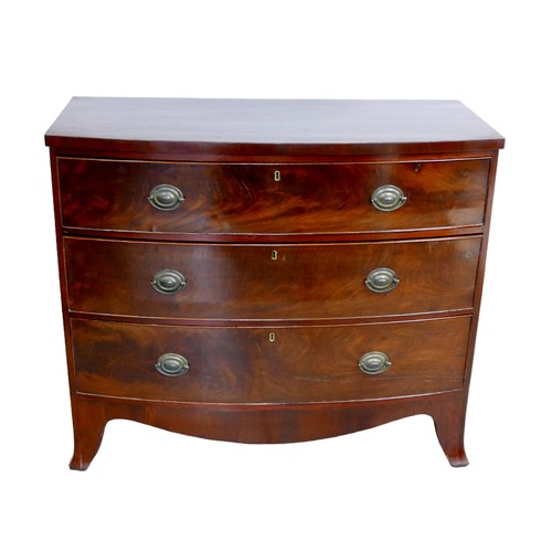 174 - A 19th century mahogany bow fronted chest of two over three drawers, with brass plate handles, shape... 