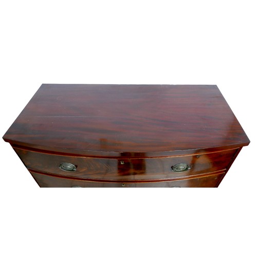 174 - A 19th century mahogany bow fronted chest of two over three drawers, with brass plate handles, shape... 