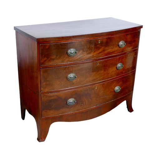 174 - A 19th century mahogany bow fronted chest of two over three drawers, with brass plate handles, shape... 