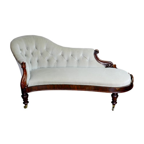 188 - An Edwardian chaise longue, with walnut frame, button back grey upholstery, raised upon turned legs ... 