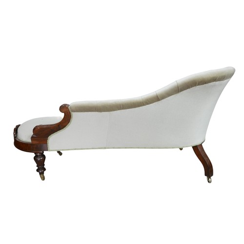 188 - An Edwardian chaise longue, with walnut frame, button back grey upholstery, raised upon turned legs ... 