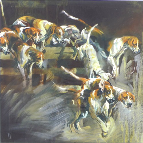 106 - Debbie Harris (British, b. 1973): 'Cascade', a limited edition study of Foxhounds leaping over a fen... 