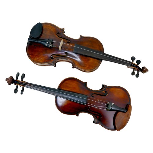 Two 19th century violins, comprising a 19th century Scottish violin, by Hardie & son, Edinburgh, dated '1823', main body length 13 3/4 inches, overall length 23 inches, together with a continental violin bearing maker's label dated '1749', single piece maple back, main body 14 1/4 inches, overall length 23 1/2 inches, with associated fitted case for two violins. (1 case)

Provenance: from the family of Gabor Miklossy, a highly regarded artist, trained musician and collector.