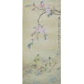 An early 20th century Chinese scroll, depicting two ducks swimming beneath a branch of cherry blosso... 