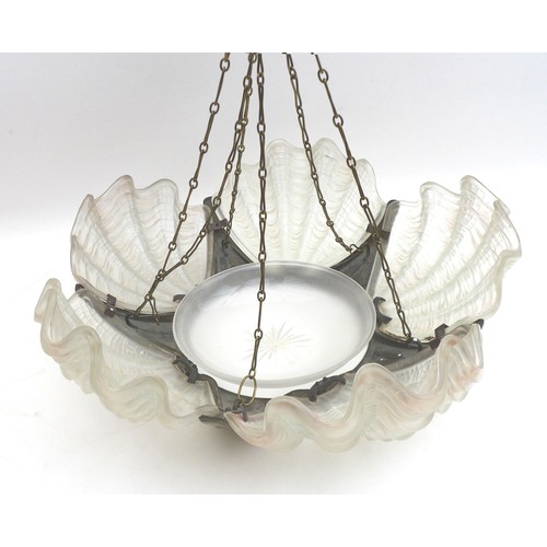 93A - Two Art Deco style ceiling light fixtures, including a large clamshell chandelier, with five opaque ... 