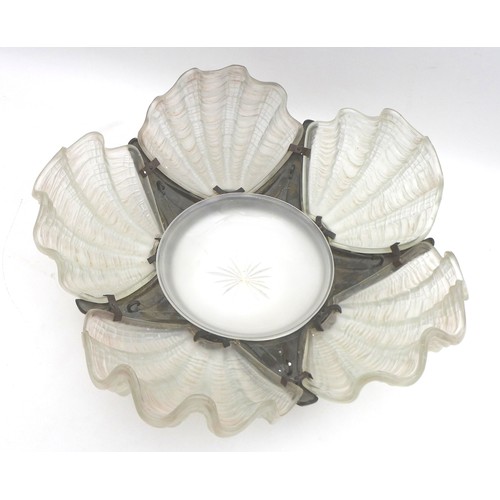 93A - Two Art Deco style ceiling light fixtures, including a large clamshell chandelier, with five opaque ... 