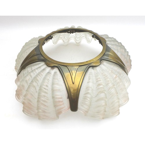 93A - Two Art Deco style ceiling light fixtures, including a large clamshell chandelier, with five opaque ... 