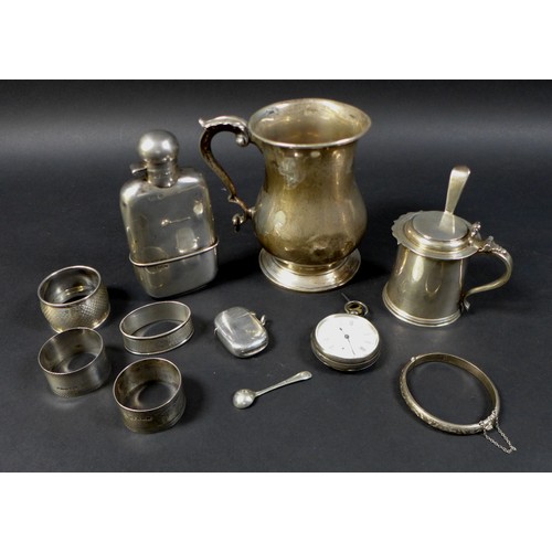 59 - A group of 20th century silver items, comprising a hip flask with removable cup, Walker & Hall, Shef... 