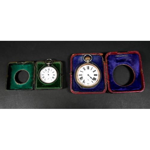 7 - Two late Victorian silver cased travel clocks, both with easel frames and silver fronts, both contai... 