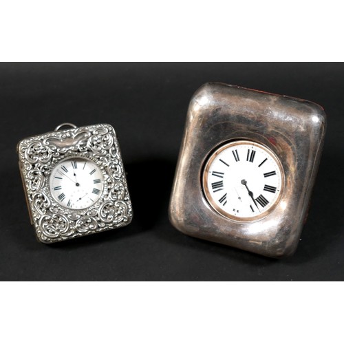 7 - Two late Victorian silver cased travel clocks, both with easel frames and silver fronts, both contai... 