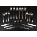 A collection of Georgian and later silver flatware, comprising a set of six fruit knife blades, 3.19... 