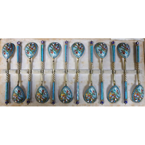 50 - A cased set of pre-revolution Russian enamelled teaspoons, with polychrome enamel decoration and gil... 