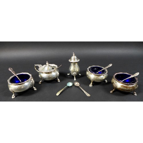 56 - A group of George V and later silver, including four cauldron cruets, with blue glass liners, all wi... 