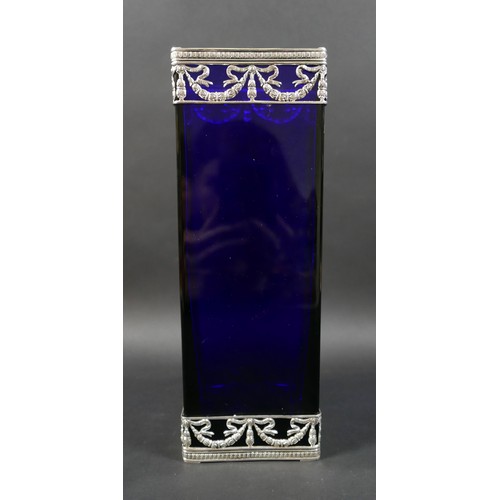 49 - Two silver and white metal mounted glass vases, comprising a blue glass rectangular form vase with p... 