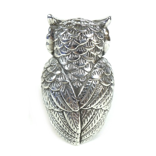 22 - A white metal owl figurine, possibly stamped '925', 1.95toz, 6 by 6 by 9cm high.