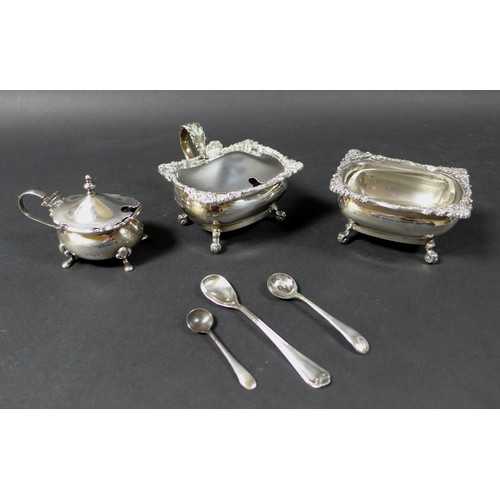 48 - A group of three George V and later silver cruets, comprising a George VI lidded mustard pot decorat... 