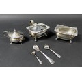 A group of three George V and later silver cruets, comprising a George VI lidded mustard pot decorat... 