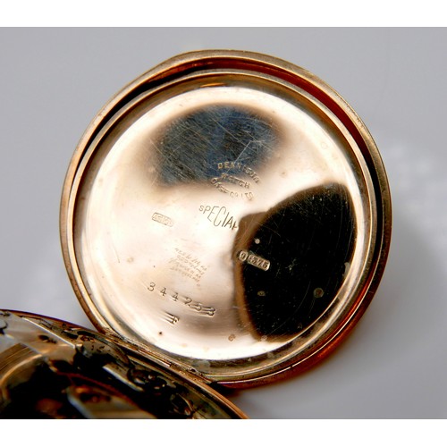101 - A George V 9ct gold half hunter pocket watch, circa 1926, keyless wind, the white enamel dial with b... 
