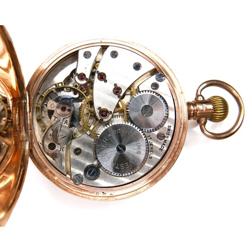 101 - A George V 9ct gold half hunter pocket watch, circa 1926, keyless wind, the white enamel dial with b... 