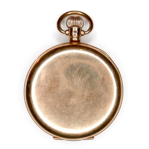 100 - A 9ct gold Waltham open faced pocket watch, circa 1925, keyless wind, the white enamel dial with bla... 