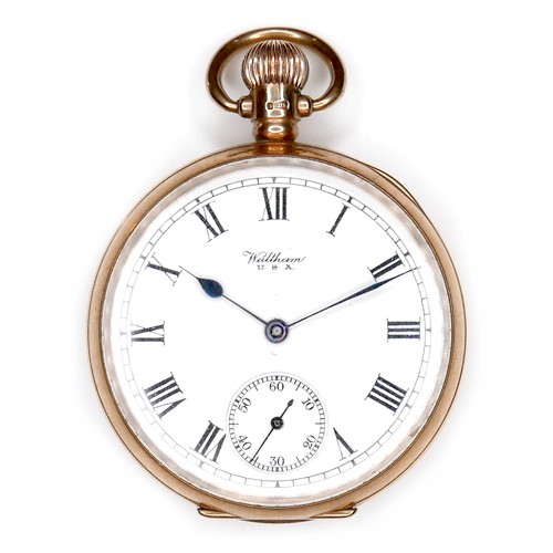 100 - A 9ct gold Waltham open faced pocket watch, circa 1925, keyless wind, the white enamel dial with bla... 