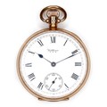 A 9ct gold Waltham open faced pocket watch, circa 1925, keyless wind, the white enamel dial with bla... 