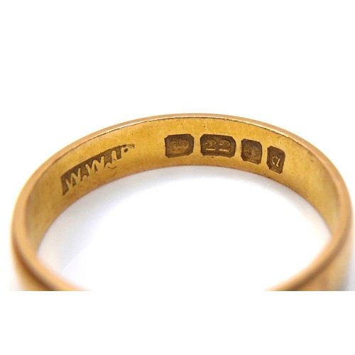 247 - A group of four 22ct yellow gold wedding band rings, comprising one 5.5mm wide, size S, 4.2g, one 6.... 