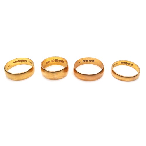 247 - A group of four 22ct yellow gold wedding band rings, comprising one 5.5mm wide, size S, 4.2g, one 6.... 