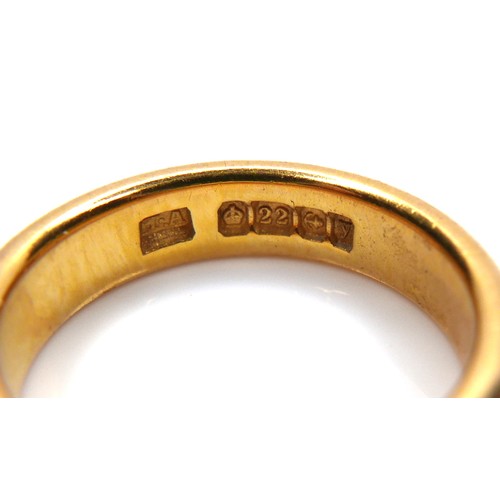 251 - A group of four 22ct yellow gold wedding band rings, comprising one 2.7mm wide, size P, 3.8g, one 3.... 