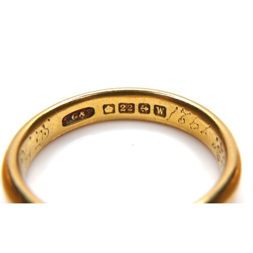 251 - A group of four 22ct yellow gold wedding band rings, comprising one 2.7mm wide, size P, 3.8g, one 3.... 