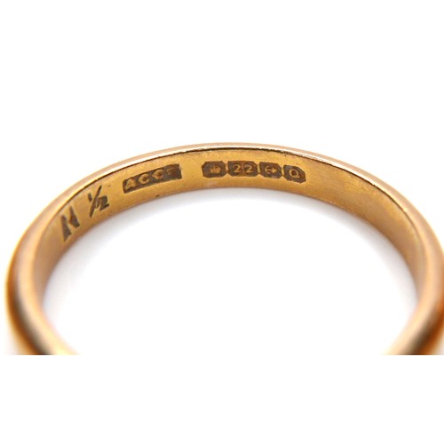 251 - A group of four 22ct yellow gold wedding band rings, comprising one 2.7mm wide, size P, 3.8g, one 3.... 