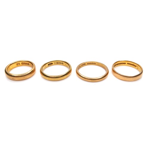 251 - A group of four 22ct yellow gold wedding band rings, comprising one 2.7mm wide, size P, 3.8g, one 3.... 