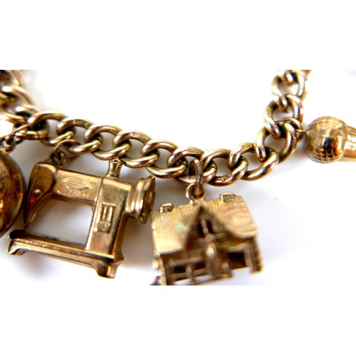 242 - A 9ct gold charm bracelet, with heart shaped padlock clasp, fitted with ten charms, 41.8g.