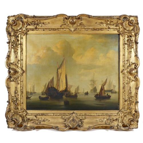 (Attributed to) Peter Monamy (British, 1681-1749): a naval scene with various ships in sail, apparently unsigned, oil on canvas, 51.5 by 63.5cm, in a gilt composition frame with applied shell corners, 78 by 89cm.