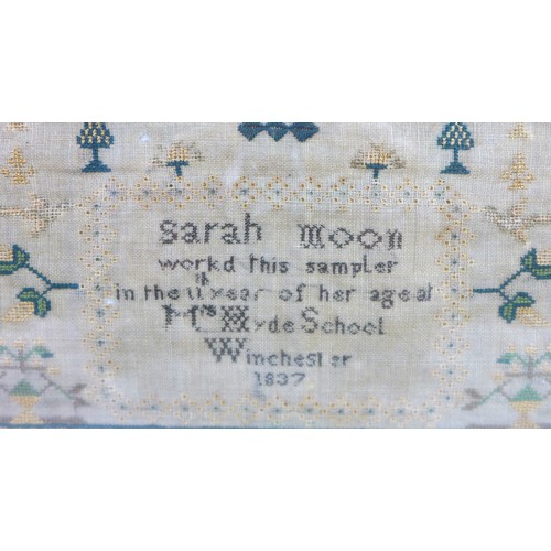 81 - A late Georgian/early Victorian sampler, by Sarah Moon, aged 11, Mrs Hyde School, Winchester, dated ... 