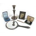 A group of mixed collectables, including a Mappin & Webb candlestick, 18cm high, a silver miniature ... 