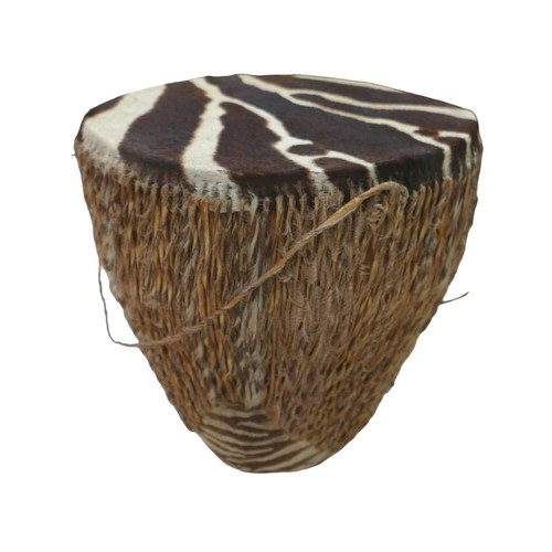 191 - Two East African zebra skin drums, the larger drum table, supported by three legs, with zebra mane r... 