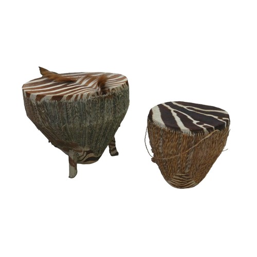 191 - Two East African zebra skin drums, the larger drum table, supported by three legs, with zebra mane r... 