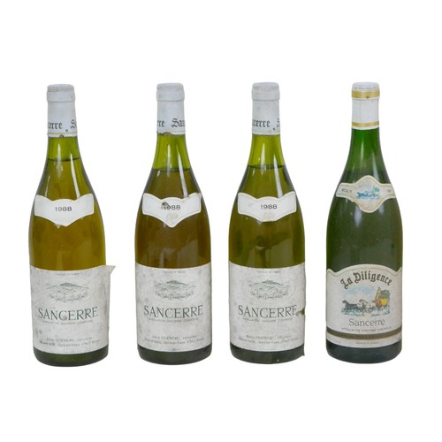 129 - Vintage wine: a mixed parcel of white wine, comprising two bottles of Alain Gueneau Sancerre 1988, a... 